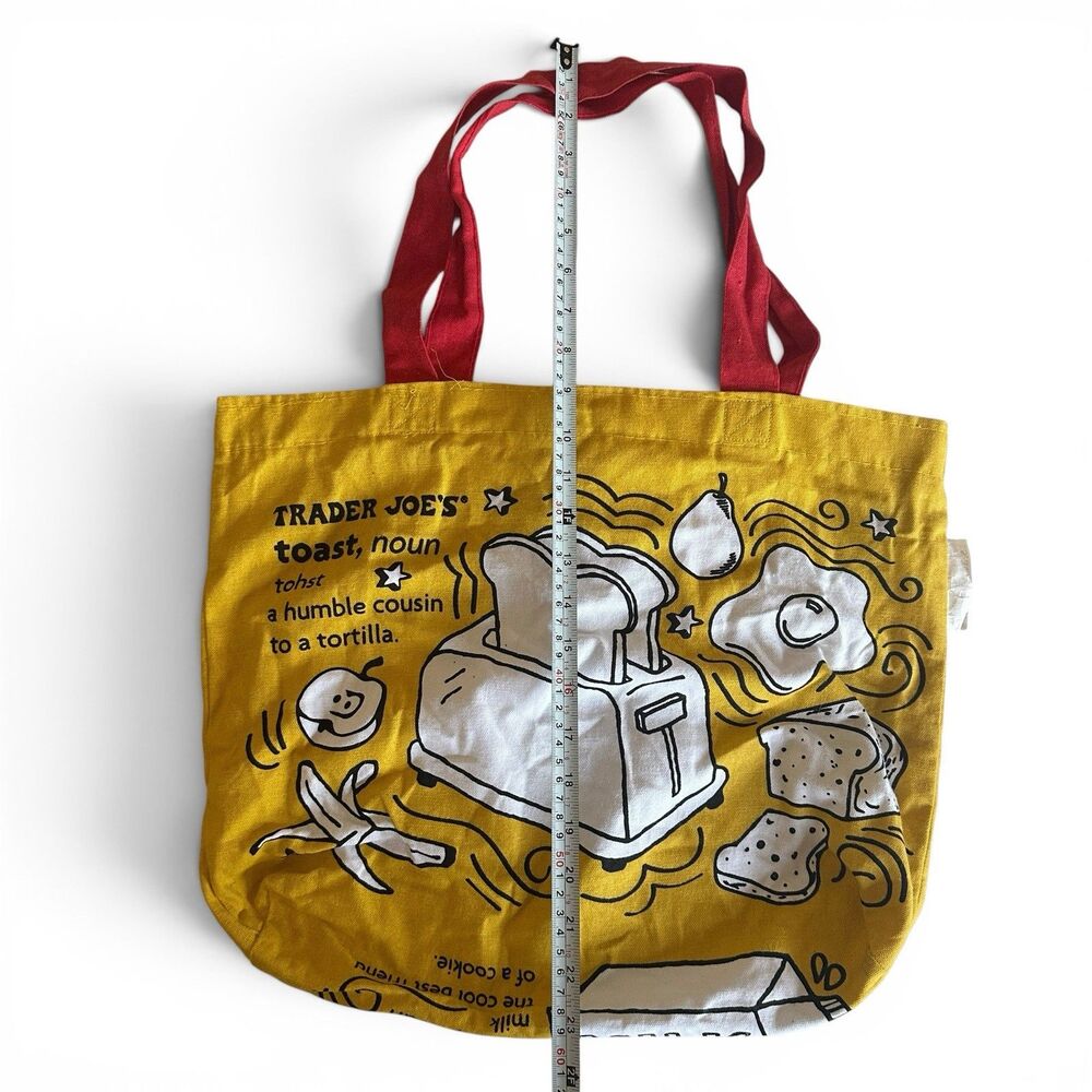 Trader Joe’s VINTAGE Breakfast Tote Bag Yellow Red Reusable Grocery Canvas USA - Picture 5 of 6